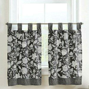 Waverly Tier Curtain Set Jacobean Floral Black White Kitchen Stencil Vine 52X36